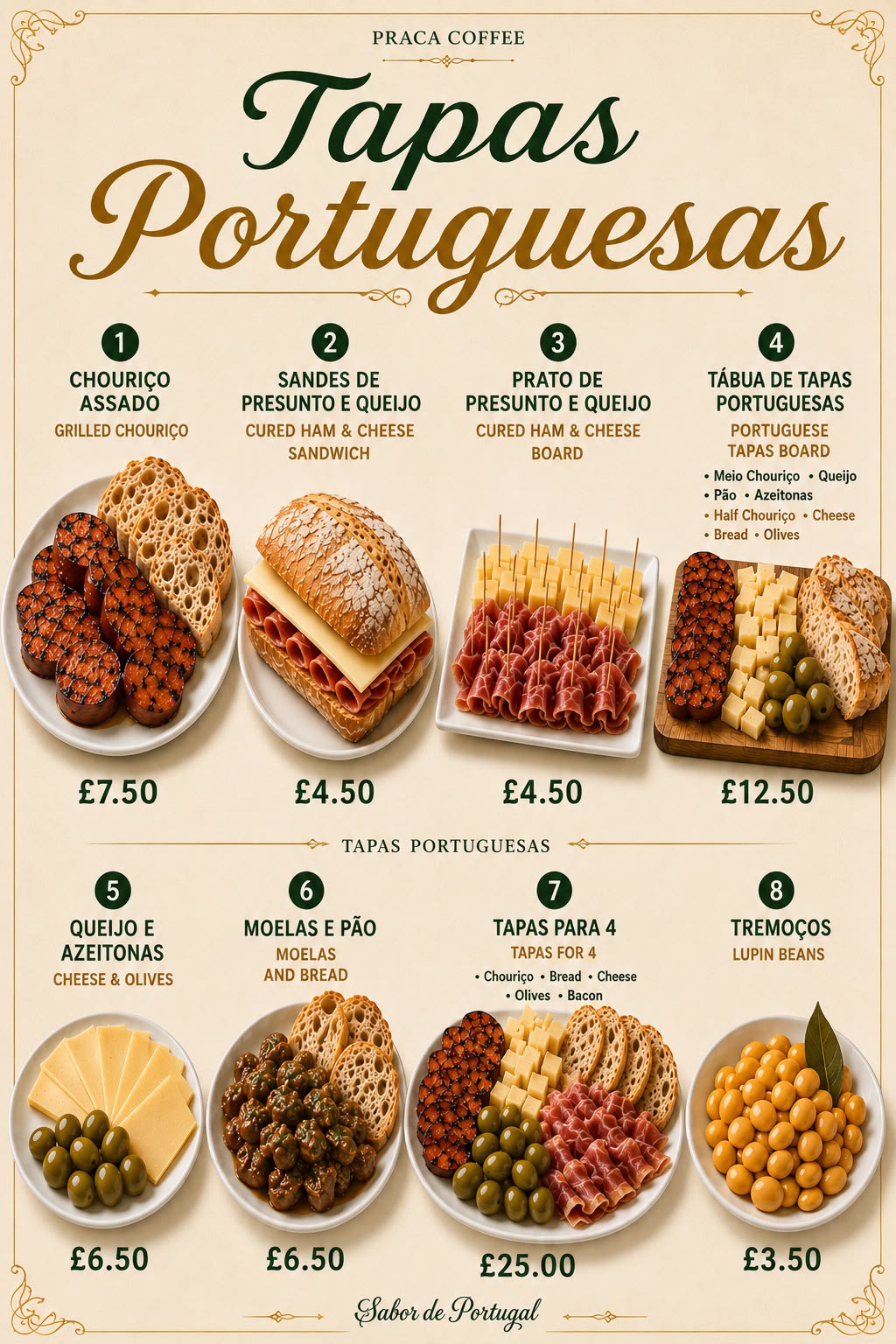 Menu de tapas portuguesas do Praça com preços